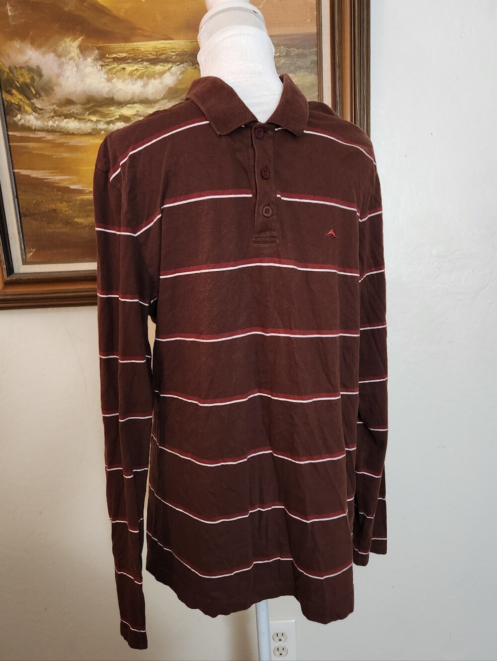 Vintage Emerica 1990s Brown Striped Henley Long-Sleeve